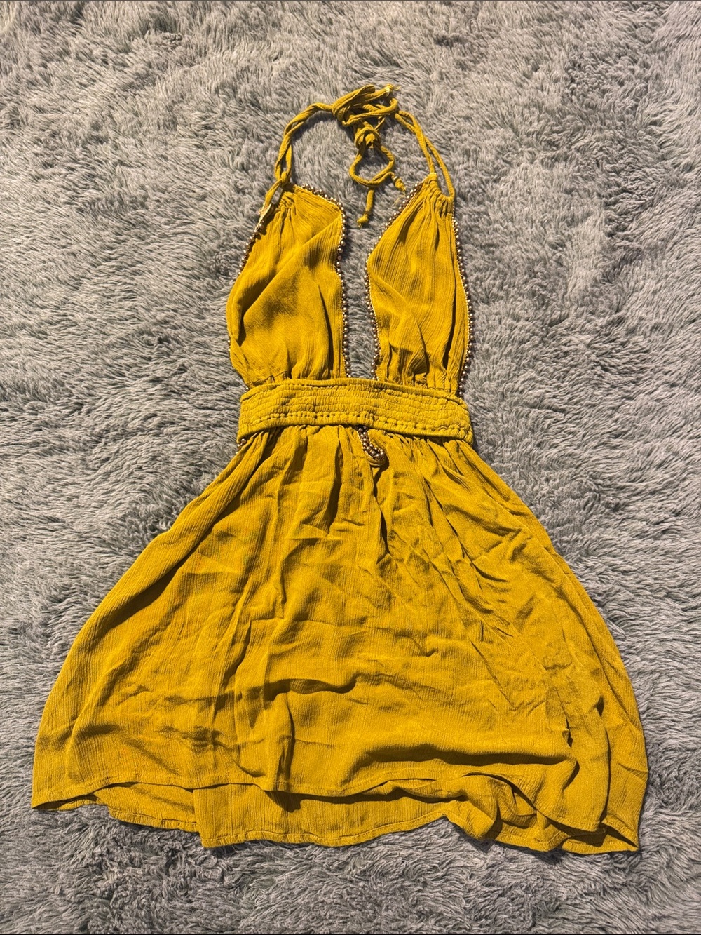 Scoop-Back Mustard Halter Mini Dress